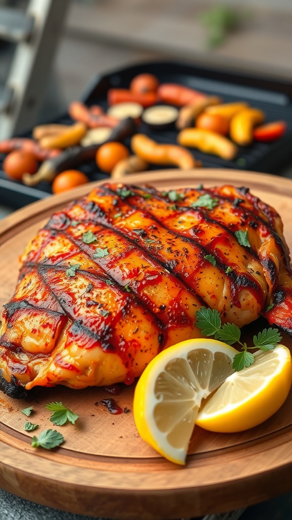 Grilled chicken breast marinated in smoky paprika, served with herbs and lemon on a wooden platter.